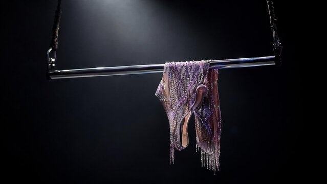 aerialist. Polished silver aerialist bar with sequined costume draped over it, spotlight. product launch decks, UI/UX mockups, designed for data visualization dashboards and holographic UIs.