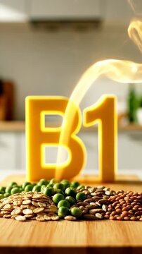Vitamin B1 poured on seeds and peas on wooden table in kitchen
