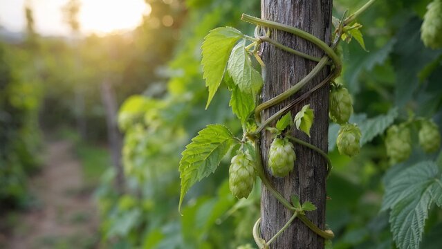 bine. Hops vine with soft stems twining around a weathered wooden stake, green leaves, morning light. gardening catalogs, home-decor guides, designed for home decor and floral branding.