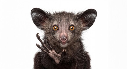 Naklejka premium A detailed portrait of a rare Aye-Aye lemur with large ears and a long finger against white.