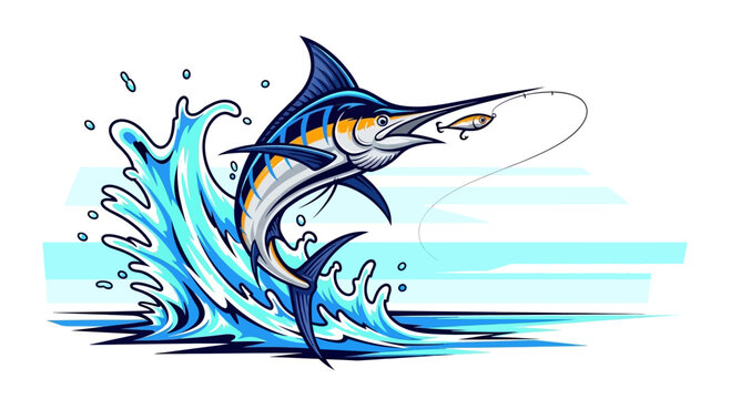 Blue Marlin Leaping From Water, Catching Bait, Fishing Action Illustration