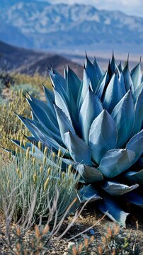 Close-up of a blue agave plant in a desert landscape with mountains in the background.