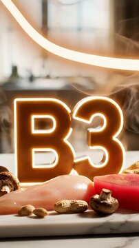 A delicious dish of raw chicken and mushrooms, accompanied by a red pepper on a marble cutting board in a kitchen. Vitamin B3