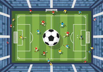 A soccer field with players in action from a bird's-eye view © Risqi