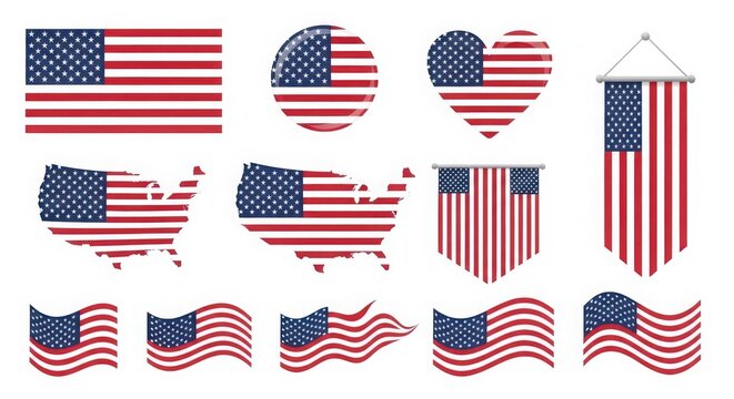 Collection of united states flag in various shapes, including maps, hearts, and waving flags