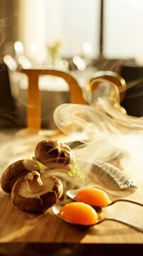 Fresh mushrooms and eggs on a wooden table indoors with natural lighting Vitamin D3