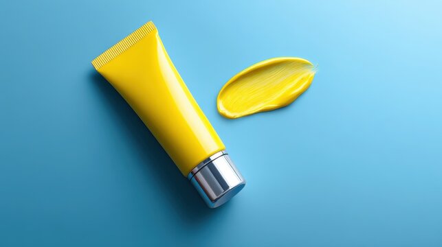 Clean beauty photography of yellow packaging on blue surface with sample swatch and clean white space