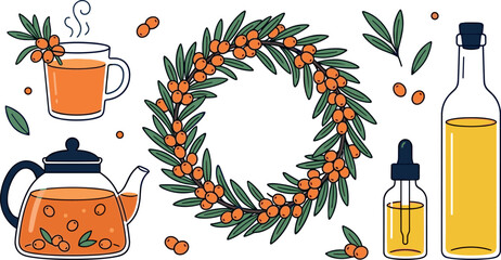 Sea buckthorn natural product vector illustration set featuring organic herbal tea teapot cosmetic dropper bottle essential oil and berry wreath graphics (21 words) © Vectorfair