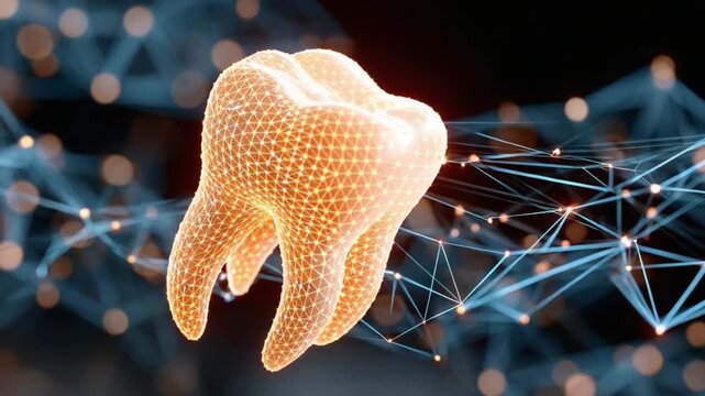 Dental technology concept: A glowing tooth, rendered in abstract digital art, is surrounded by a network of luminous points and connecting lines, symbolizing advanced dental science and innovation.