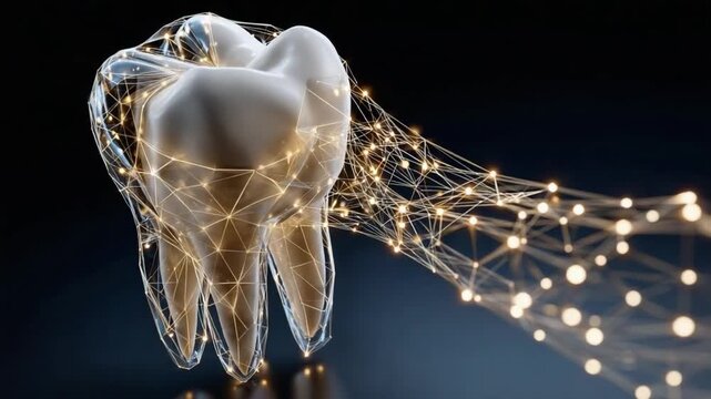 Dental Innovation Network: A gleaming molar tooth is encased in a futuristic network of glowing connections, symbolizing advanced dental technology and interconnected care.