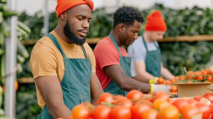 Fototapeta premium A diverse team of men wearing aprons and beanies works diligently in a greenhouse carefully sorting and preparing a bountiful harvest of fresh red tomatoes