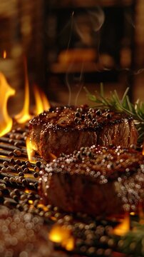 Close-up of juicy steaks grilling on barbecue with flames and smoke.