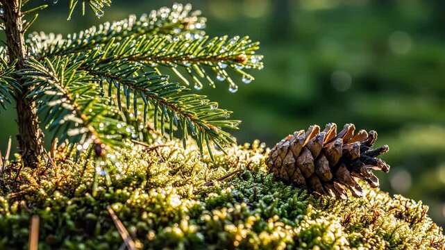 Small Evergreen Sapling With Water Droplets and Pinecone on Mossy Mound