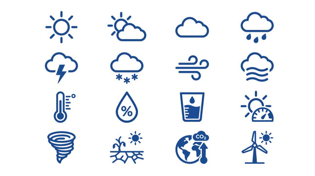 Weather icons depicting sun, clouds, rain, wind, temperature, and climate change on a white background with blue graphics.
