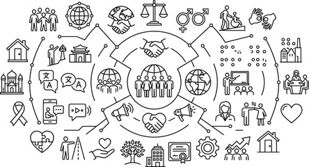 Fototapeta premium Illustrated icons representing global society, equality, and community values