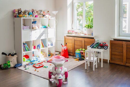 Messy kids bedroom interior featuring a large cubby bookshelf loaded with stuffed animals, books, and scattered educational toys on a rug