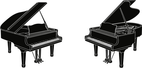 Elegant grand piano silhouette collection illustration featuring classic musical instruments with detailed keyboard and concert design © LatifunNahar