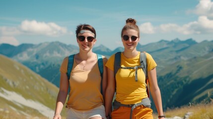 Obraz premium Two smiling women with backpacks hike on a scenic mountain trail enjoying the beautiful alpine landscape on a bright sunny day embodying an active outdoor lifestyle
