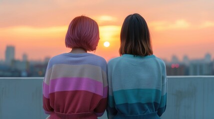 Obraz premium The warm hues of dusk create a serene atmosphere as two people gaze at the urban panorama from a rooftop fostering a sense of shared peace and connection