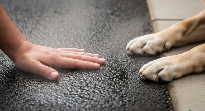 Checking Temperature of Hot Asphalt with Hand near Dog's Paws