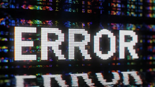 Digital glitch text on reflective surface