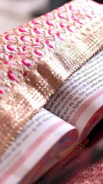 Vertical Close Up of Sikh Priest Opening Guru Granth Sahib During Religious Ceremony