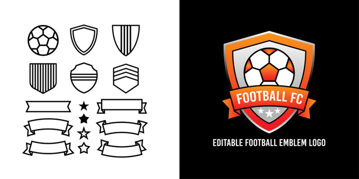 Editable football emblem logo template and soccer crest design creator kit, vector shield badges, stars, and ribbon banners collection for sports club identity