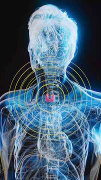 Conceptual 3D illustration of an x-ray man with visible thyroid gland in vertical format
