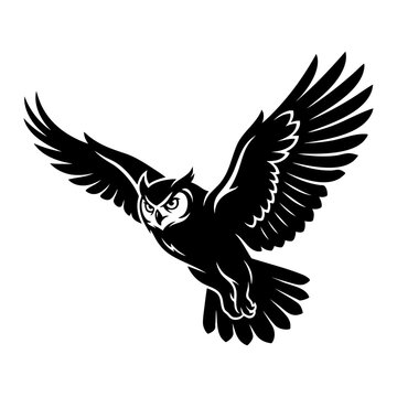 A large owl spreads its wings and flies through the air.