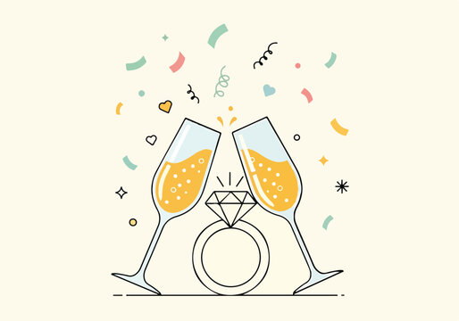 A minimalist illustration of champagne glasses and a diamond ring