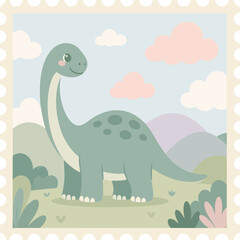 Naklejka premium Cartoon Brontosaurus in a Lush Landscape: A friendly green brontosaurus with a long neck and polka-dot body stands happily in a vibrant, whimsical landscape with rolling hills, fluffy clouds.