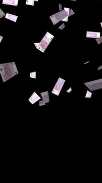 3d Euro money 500 Euros banknotes falling isolated alpha channel loopable animation, economy and business, stock market exchange vertical social media motion design element
