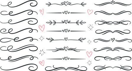 Elegant flourish border elements collection with sketch swashes dividers romantic pink heart accents curly line ornaments for wedding greeting card design © MstAirin