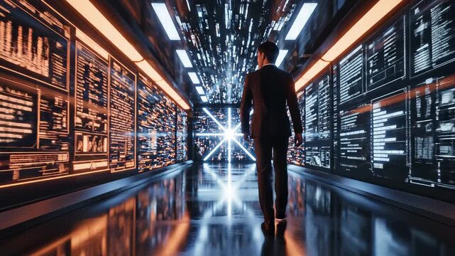 Person walking in a digital corridor