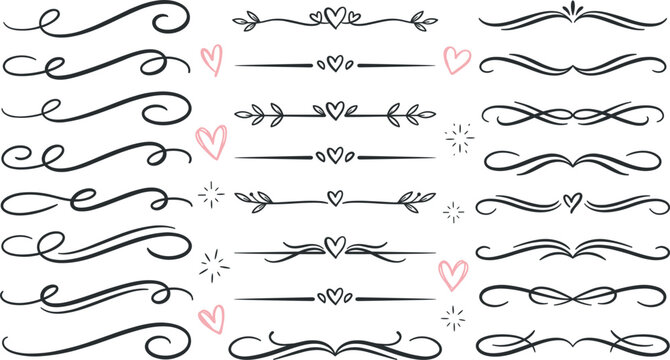 Elegant flourish border elements collection with sketch swashes dividers romantic pink heart accents curly line ornaments for wedding greeting card design