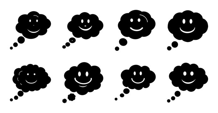 Cute Thought Bubble Smile Face Icons - Set of cheerful cartoon thought cloud icons with smiling faces, ideal for emotions, ideas, thinking, creativity, communication and positive concepts.