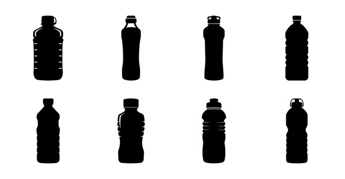 Eight bottle caps and water bottles icon set - Simple black silhouette icons of different bottle caps and water bottles in a clean style for various uses.