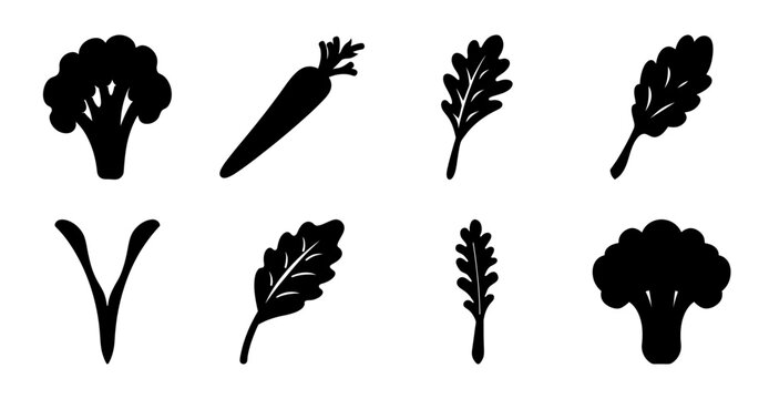 Black vegetable icons set flat design - Eight stylish black vegetable icons in a minimalist flat design style for web and print use.
