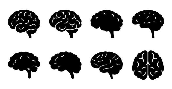 Black human brain icons in different views - Set of eight black brain icons shown from various angles, ideal for medical or educational vector graphics.