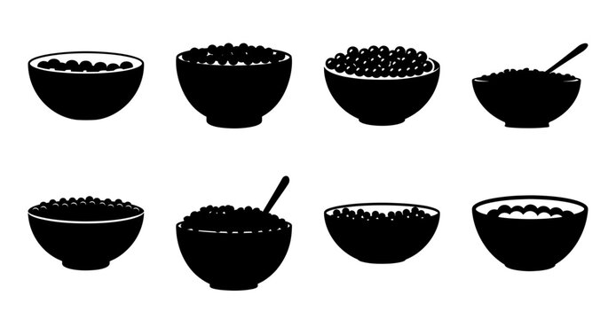 Black and white bowls with rice and spoon - Six minimalist black and white bowls filled with rice, some with spoons for serving or eating, in a clean style.