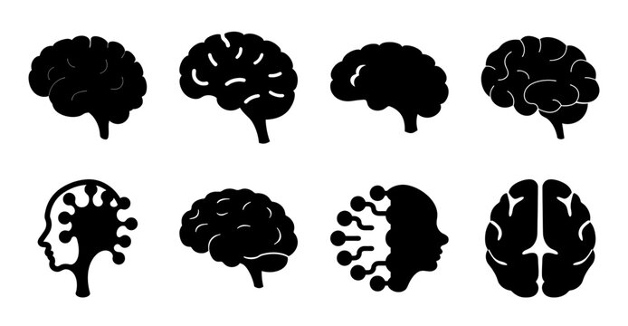 Black brain icons in different views and styles - Simple vector illustration of human brain icons showing various angles and damage effects in black.
