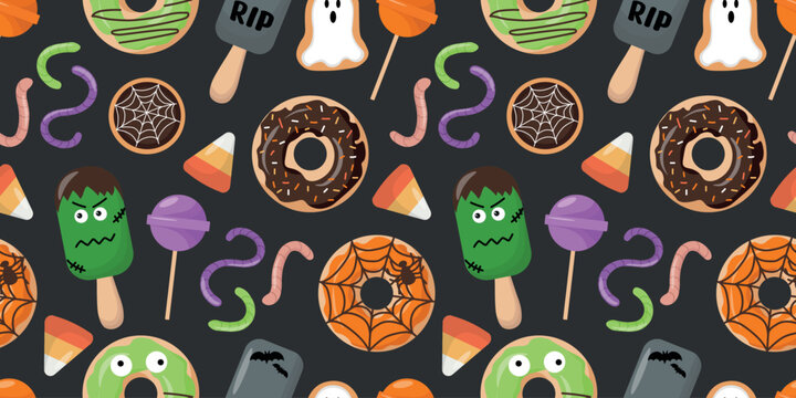 Halloween Dessert Seamless Pattern with Spooky Donuts Popsicles and Candy