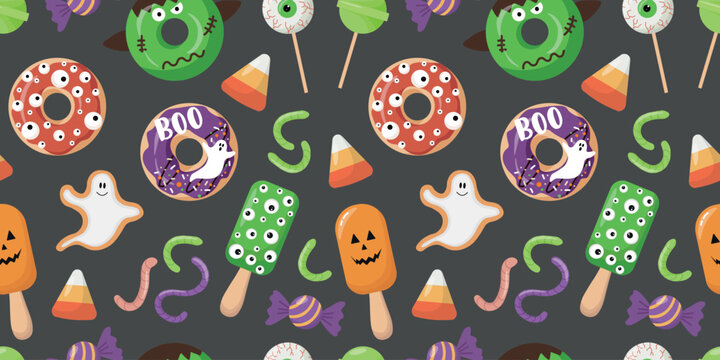 Seamless Halloween pattern featuring spooky donuts, monster doughnuts, ghost cookies, eyeball popsicles, pumpkin ice cream bars, candy corn, gummy worms, eyeball lollipops, and wrapped candies.