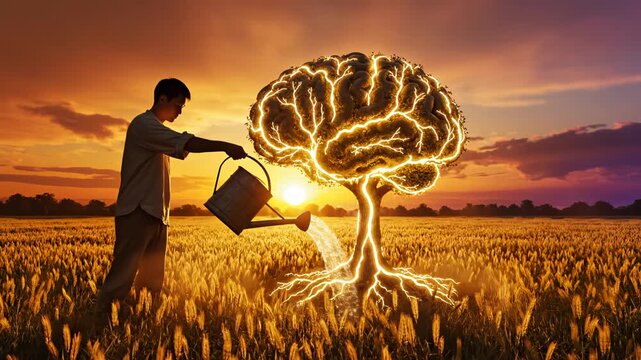 Man watering brain shaped tree in field