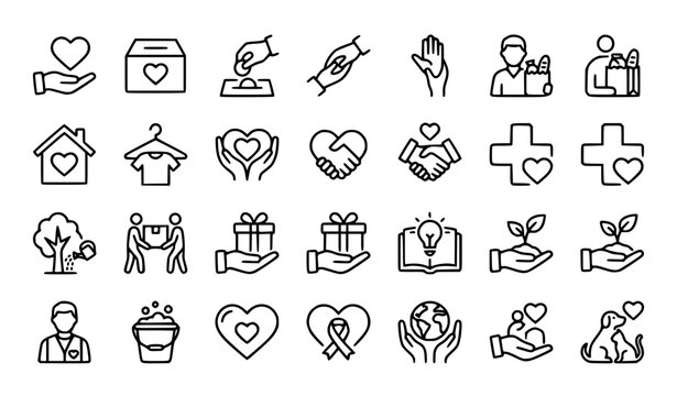   Charity, volunteer, donation and social support icon set
