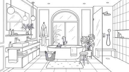 Fototapeta premium Modern Bathroom Line Art Sketch - Bathtub, Shower, Double Sink, Plants