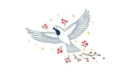 Obraz premium Flying dove bird with red berries branch vector illustration