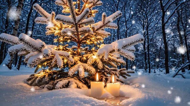 Snowy Christmas tree with candles