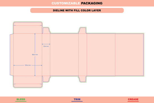 Custom tuck end box dieline template with flip cover, featuring labeled bleed, trim, and crease lines with precise millimeter measurements in format