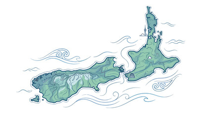 Illustrated Map of New Zealand with Swirling Waves and Mountains © Fiji